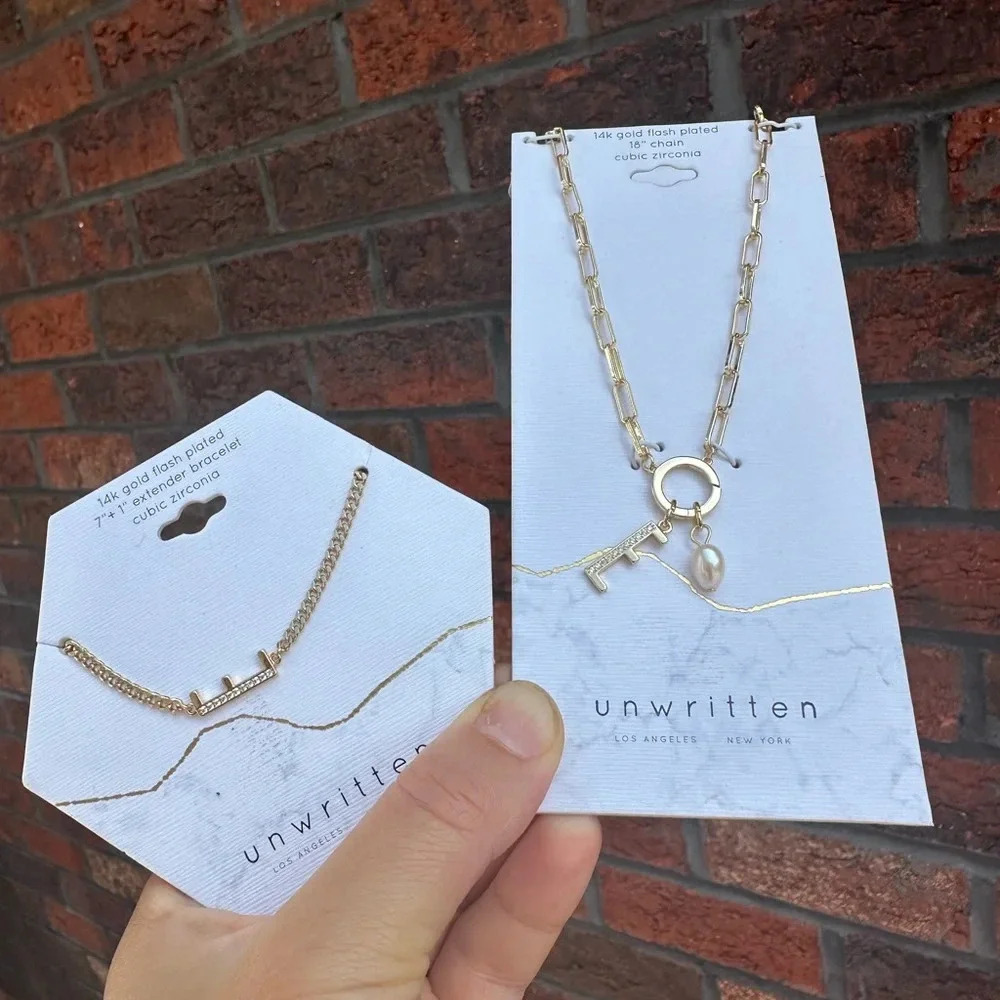 Gold Chain E Initial Crystal Bracelet&Necklace Set
